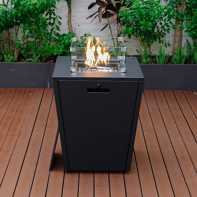 LeisureMod Chelsea 32" Modern Gas Fire Pit Table – 37,000 BTU CSA Certified Propane Steel Outdoor Table with Tempered Glass Wind Guard and Lid for Patio (Black)