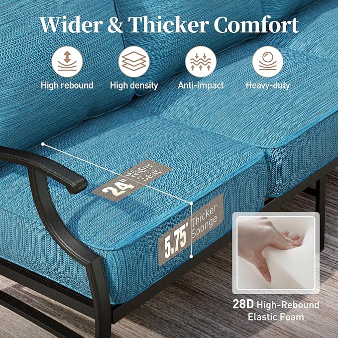 SUNSHINE VALLEY 4 Piece Metal Outdoor Patio Furniture Sets with 5000 BTU Firepit Table, Patio Conversation Sets 3-seater Sofa, 2 Swivel Chair with 5.75" Thick Cushion, Black Backyard Furniture, Blue-2