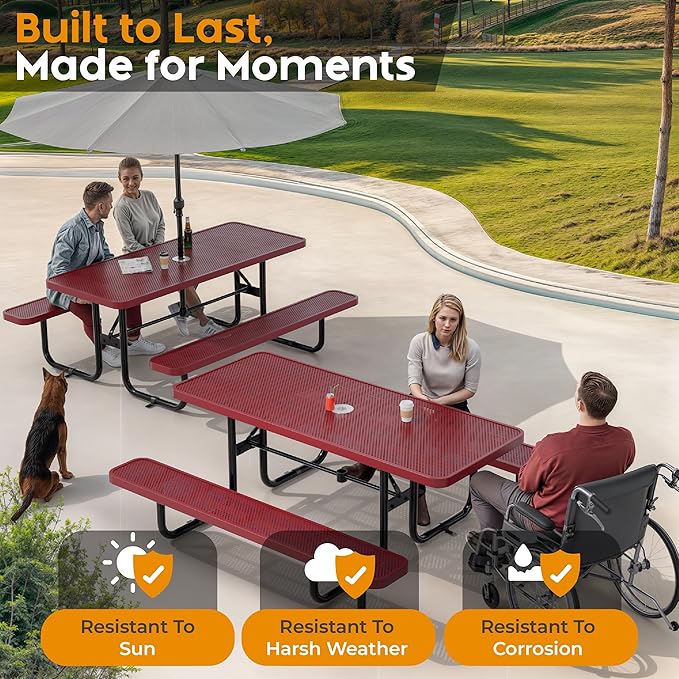 Commercial Heavy-Duty Metal Picnic Table - ADA Compliant, Adjustable Seats, Umbrella Hole (Red, 6' Rectangular, Punched Steel)