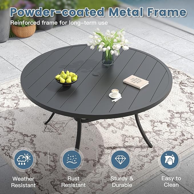 DIFY 50" Round Outdoor Patio Dining Table for 6, Metal Patio Table with 1.57" Adjustable Umbrella Hole, All-Weather Dining Furniture Table for Backyard Lawn Garden, Black