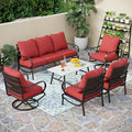 PHI VILLA 6 PCS Patio Furniture Sets with 2*Swivel Cushioned Sofa Chairs, 2* Leg Chairs, 1 * 3-Seat Wide Deep Seating Bench and 1*Coffee Table, Outdoor Metal Furniture Set for 7 Person(Red)