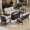 SUNSHINE VALLEY 5 PCS Metal Outdoor Patio Furniture Sets with Firepit Table, Patio Conversation Sets 1 3-Seater Sofa, 1 2-Seater Loveseat, 2 Single Sofa with 5.75" Cushion for Backyard, Light Gray
