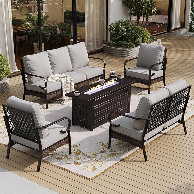 SUNSHINE VALLEY 5 PCS Metal Outdoor Patio Furniture Sets with Firepit Table, Patio Conversation Sets 1 3-Seater Sofa, 1 2-Seater Loveseat, 2 Single Sofa with 5.75" Cushion for Backyard, Light Gray