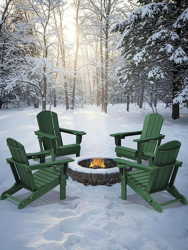 KINGYES Folding Adirondack Chair Set of 6, Dual Cup Holders & All-Weather HDPE, Wood-Like Patio Chair for Backyard, Camping, Pool & Fire Pit, Dark Green