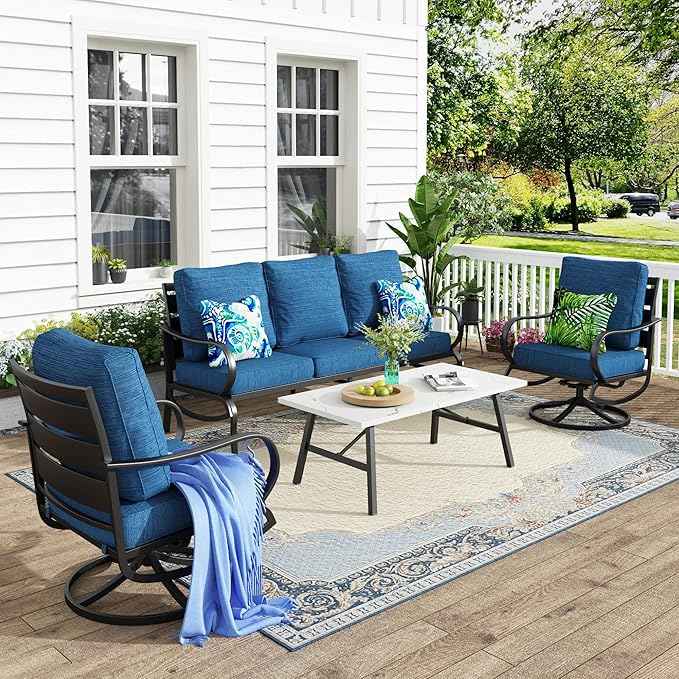 MFSTUDIO 4 Pieces Patio Conversation Sets(5 Seat),Outdoor Metal Furniture Sofas with 1 Loveseat(3 Seat), 2 Swivel Chairs,1 Coffee Table,Wrought Iron with Peacock Blue Cushion