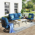 MFSTUDIO 4 Pieces Patio Conversation Sets(5 Seat),Outdoor Metal Furniture Sofas with 1 Loveseat(3 Seat), 2 Swivel Chairs,1 Coffee Table,Wrought Iron with Peacock Blue Cushion