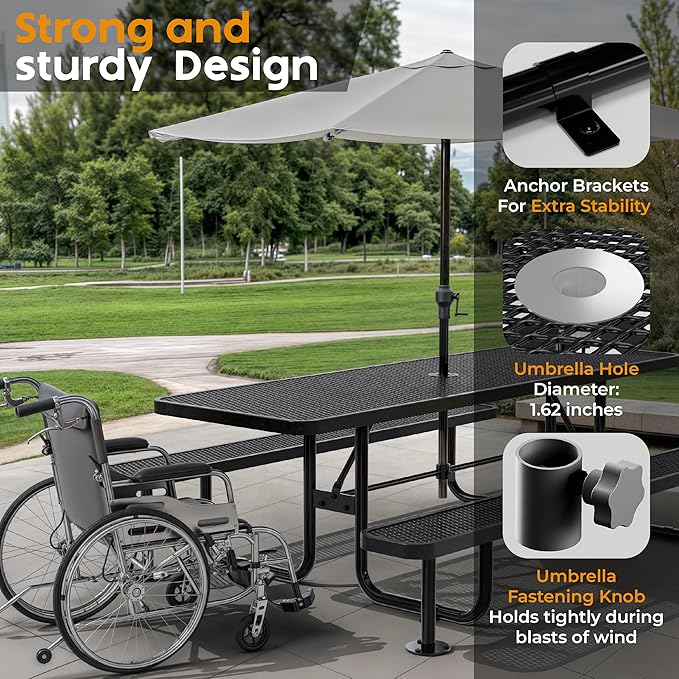 Commercial Heavy-Duty Metal Picnic Table - ADA Compliant, Adjustable Seats, Umbrella Hole, Expanded Metal (Black, 8' Rectangular)