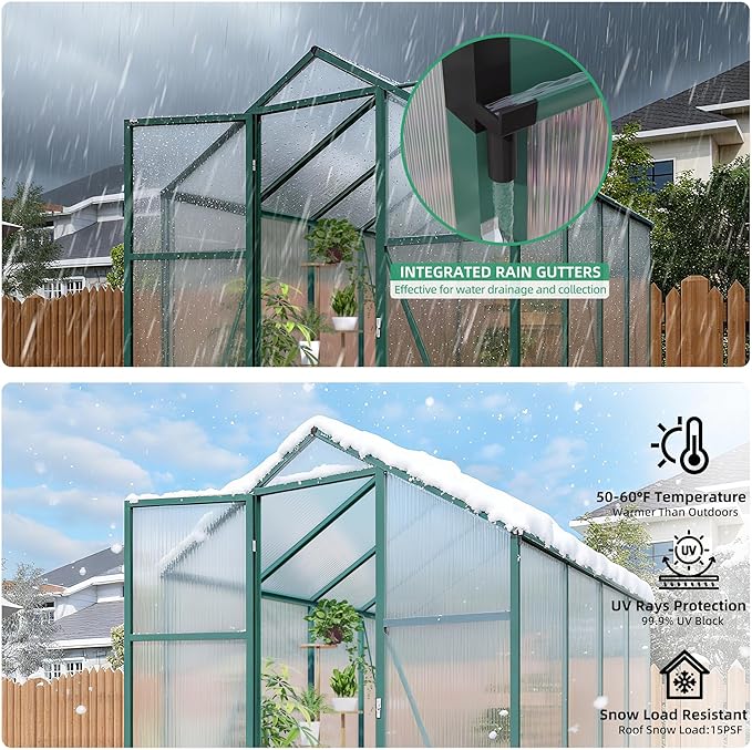 KEIKI 6x8 FT Polycarbonate Greenhouse for Outdoors, Durable Aluminum Walk-in Greenhouse with Gutter Drainage & Tall Growing Space for Plants, Green