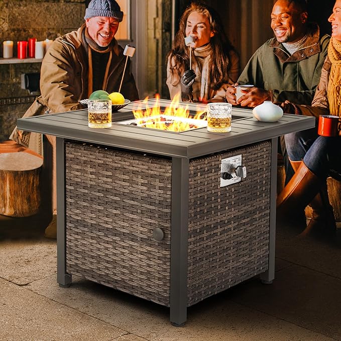 Nuu Garden 30 inch Outdoor Propane Fire Pit 50,000 BTU Gas Fire Pit Table with Lid, Hand-Woven Wicker, Square Gas Fire Table with Glass Beads for Garden, Patio, CSA Certification