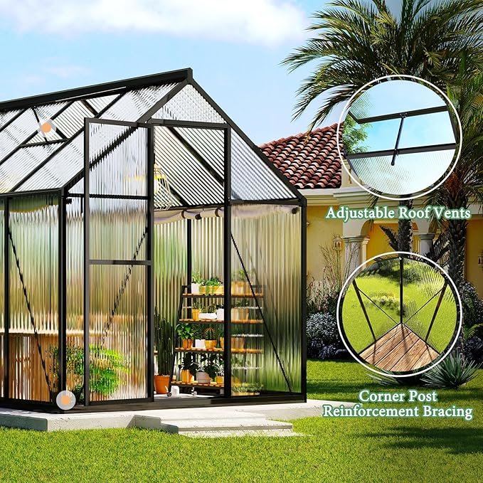 AMERLIFE 6x12 Ft Polycarbonate Greenhouse for Outdoors, Walk-in Design with Aluminum Frame, 2 Windows and Swing Door, Heavy-Duty Greenhouse Construction for Garden, Black