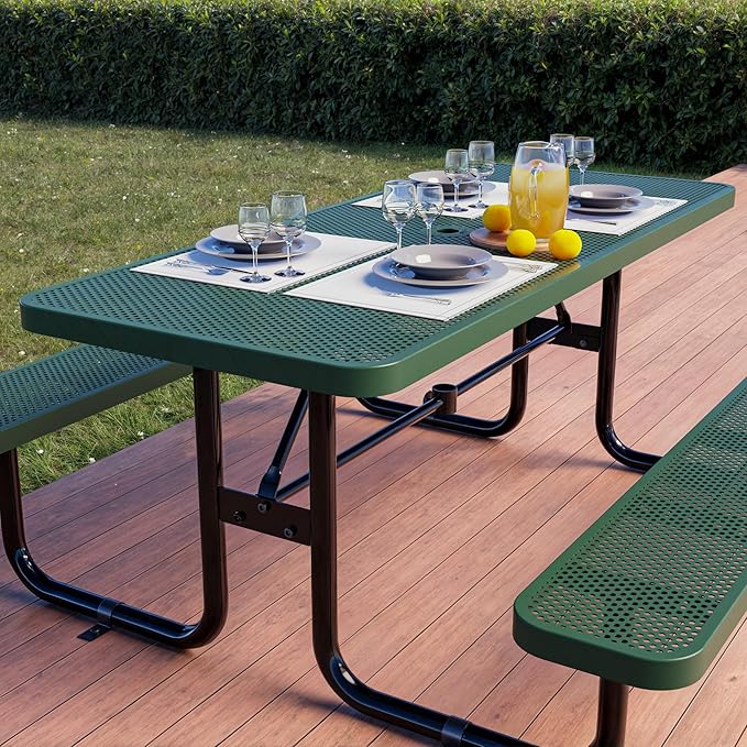 Commercial Heavy-Duty Metal Picnic Table - ADA Compliant, Adjustable Seats, Umbrella Hole (Green, 6' Rectangular, Punched Steel)