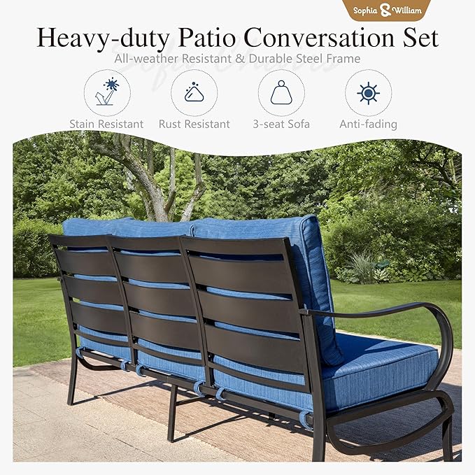 Sophia & William Patio Furniture Sets for 9 with 45" Gas Fire Pit Table Outdoor Conversation Sets, 2xSofa Chairs, 2xSwivel Cushion Chairs, 1x3-Seat Sofa, 2xOttomans for Porch Poolside Peacock Blue