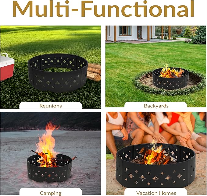 Sunnydaze 36-Inch Outdoor Fire Pit Ring with Poker - Round Heavy-Duty Steel Fire Ring for Camping or Backyard - Diamond - 10" H