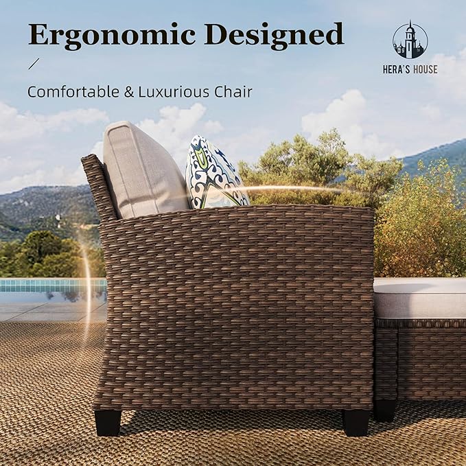 Small Patio Furniture Set, 3 Pieces Wicker Outdoor Sectional Set, L-Shaped Patio Couch Set, Modular Rattan Conversation Set with Lounge Sofa and Ottomans for Deck Lawn Garden, Beige
