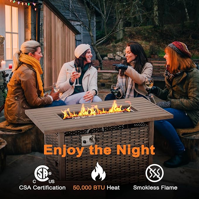Nuu Garden 43" Propane Fire Pit, CSA-Listed Outdoor Fire Pit Table, 50000 BTU Gas FirePit with Lid, Glass Wind Guard, Glass Beads, 2-in-1 Rectangular FirePit for Outside Backyard, Brown