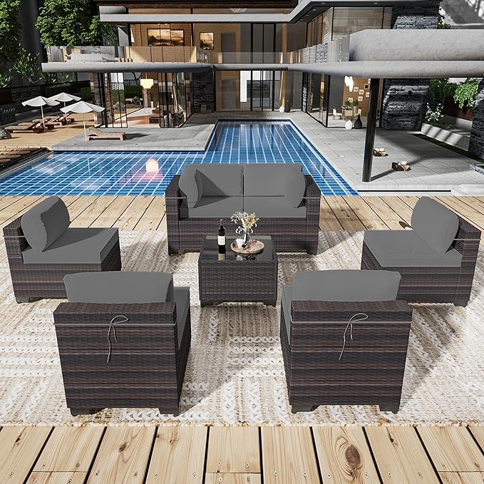 Outdoor Patio Furniture Set, 7 Pieces Outdoor Sectional Furniture Patio Sofa, All-Weather PE Rattan Patio Conversation Set with Tempered Glass Top Table & Cushions(Grey).