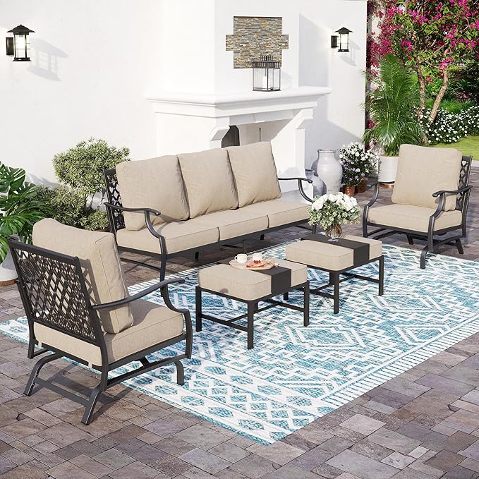 Patio Furniture Set, Modern Metal Outdoor Patio Furniture, 3 Seater Sofa, 2 Rocking Chairs, 2 Ottomans and 5.75" Extra Thick Cushion, Patio Conversation Set for Garden Backyard Deck
