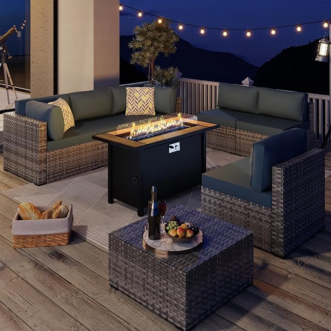 JAMFLY Propane Fire Pit Table 45 Inch, 50,000 BTU Outdoor Gas Firepit Table for Outside Patio with Glass Wind Guard, Blue Glass Rocks,Waterproof Cover, Black/Walnut Wood