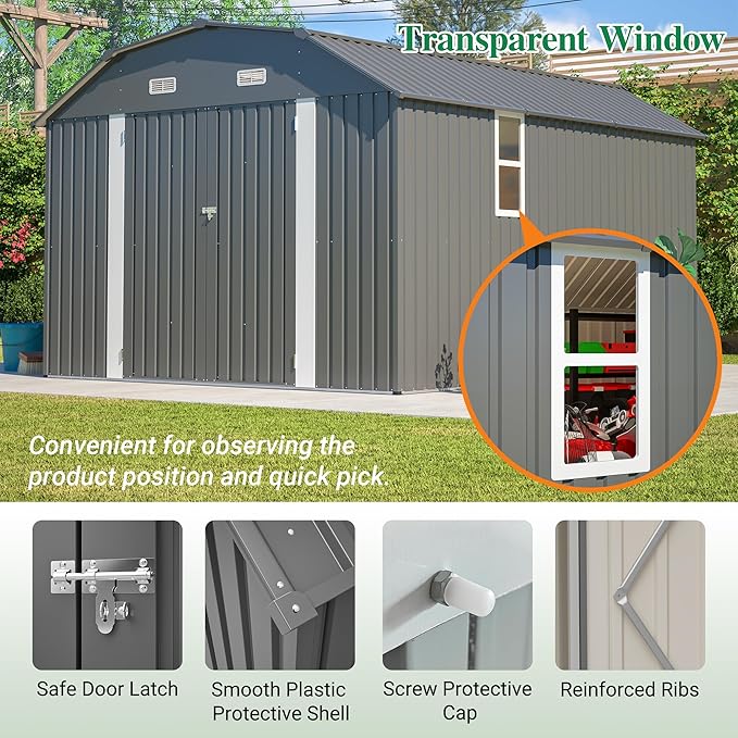 Outdoor Storage Shed, 10 X 12 FT Large Metal Utility Tool Sheds with Floor Frame & Windows, Steel Garden Shed with Updated Frame Structure for Backyard Patio Lawn, Grey