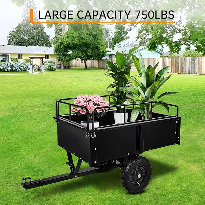 750LB Steel Dump Cart with All-Terrain Tires & Foot-Pedal Dumping, Heavy Duty Utility Trailer for Yard, Garden, and Construction Use, Compatible with ATV and Tractor