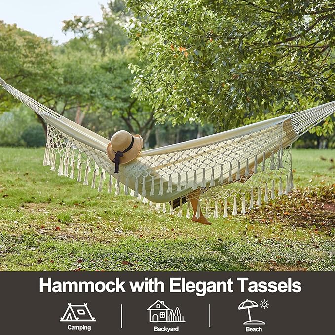 CHULIM Brazilian Double Hammock with Tree Straps,Extra Large 94x63IN,2 Persons Hammock for Backyard Patio Outdoor Indoor,450lbs Weight Capacity,Soft Woven Cotton Fabric - Natrual White with Tassels