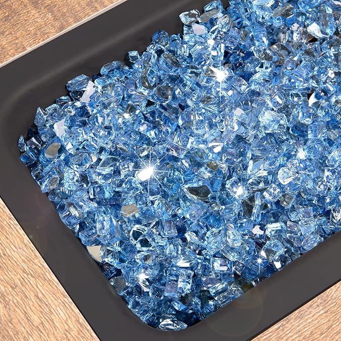 GASPRO 20lbs Fire Glass, 1/4'' Reflective Glass Fire Pit Rocks for Fire Pit Table, Fireplace, High Luster Pacific Blue