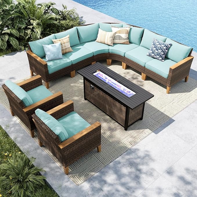 MFSTUDIO 9 Pieces Wicker Patio Furniture Set with 56" Fire Pit Table, Half-Moon Curved Patio Sectional Sofa Set, Extra Large Rattan Outdoor Conversation Sets for Lawn, Garden(Aqua Blue Cushion)
