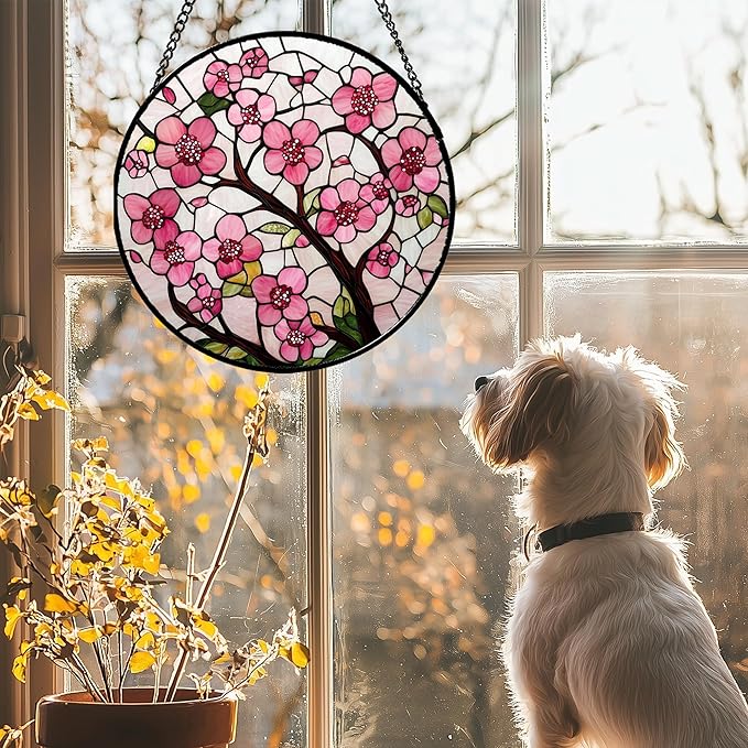 CRISGIF Stained Glass Window Hanging - Cherry Blossoms Birth Flower Suncatcher for Door Garden Patio Sun Catchers Decor Christmas Mother's Day Birthday Gifts for Women Mom Nana Friend Wife 11.8 in