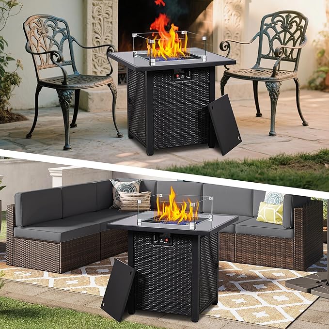FHFO 28" Propane Fire Pit Table, Outdoor Square Fire pits with Cover,50,000 BTU Steel Gas Firepit, CSA Certified, Pulse Ignition,Glass Stone,Wind Guard, Ideal for Outdoor Patio, Outside, Dining-Black