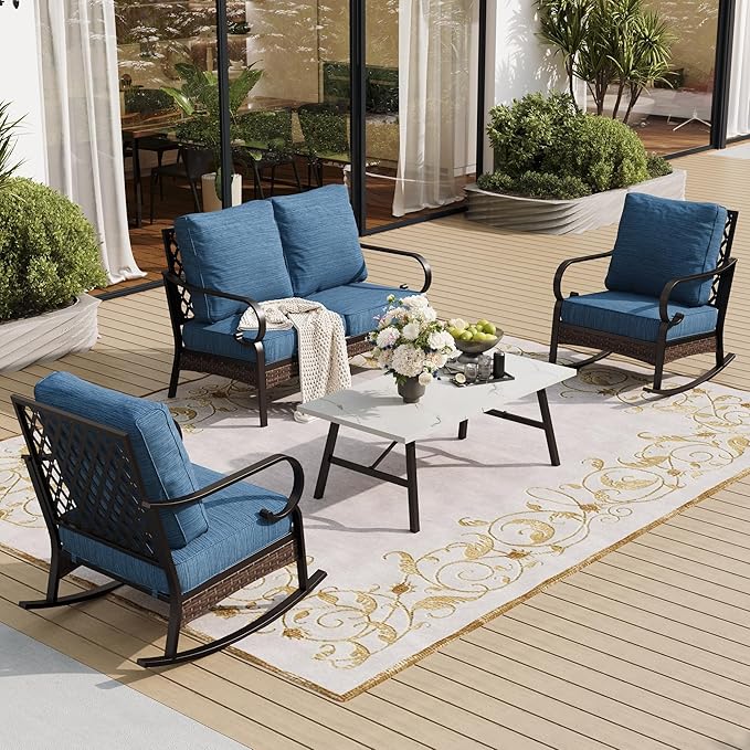 SUNSHINE VALLEY 4 Piece Metal Outdoor Patio Furniture Sets, Patio Conversation Sets 1 Loveseat, 2 Rocking Sofa with 5.75" Extra Thick Cushion and Coffee Table, Balck Frame Backyard Furniture, Blue-2
