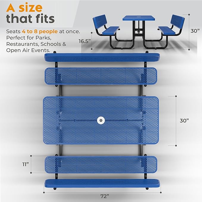 Commercial Heavy-Duty Metal Picnic Table with Backrest - ADA Compliant, Adjustable Seats, Umbrella Hole, Expanded Metal (Blue, 6' Rectangular with Back)