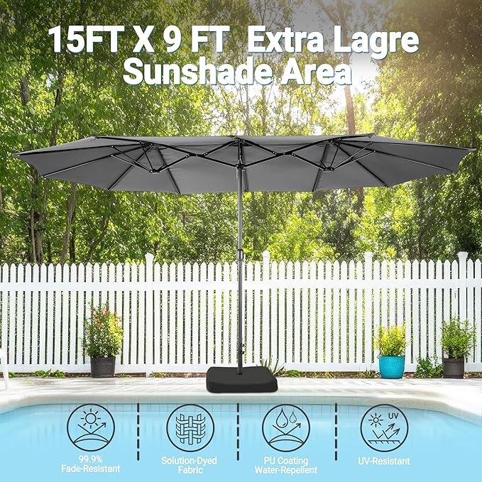 Bigroof 15ft x 9ft Patio Double-Sided Umbrella with Base & Crank, Extra Large Rectangular Outdoor Umbrella for Patio, Lawn & Garden, Beige