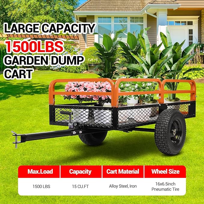 Heavy Duty ATV Trailer Steel Dump Cart, 1600 Lbs 15 Cubic Feet Garden Trailer Pull Behind with Removable Sides & All Terrain Tires for Lawn Mower, ATV & Yard Work