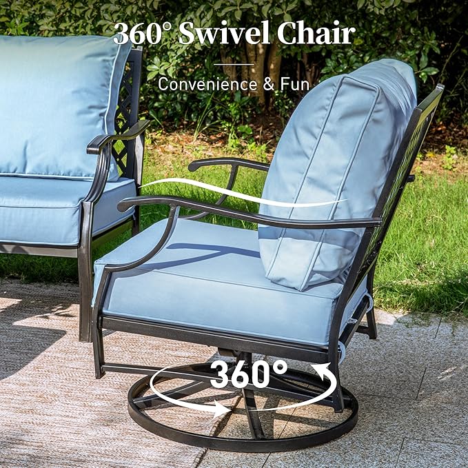SUNSHINE VALLEY 4 Piece Metal Outdoor Patio Furniture Sets with 5000 BTU Firepit Table, Patio Conversation Sets 1 3-seater Sofa, 2 Swivel Chair with 5.75" Thick Cushion, Black Backyard Furniture, Blue