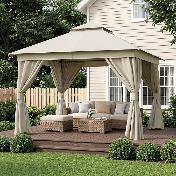 LAUSAINT HOME Outdoor Patio Gazebo 10'x10' with Expansion Bolts, Heavy Duty Party Tent & Shelter with Double Roofs, Mosquito Nettings and Privacy Screens for Backyard (Cream White)