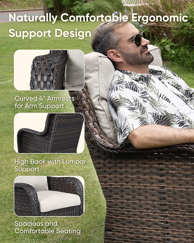 HUMMUH 4-Piece Patio Furniture Set with Fire Pit Table Wicker Outdoor Swivel Rocker Patio Chairs High Back Loveseat Conversation Set for Porch, Backyard, Deck