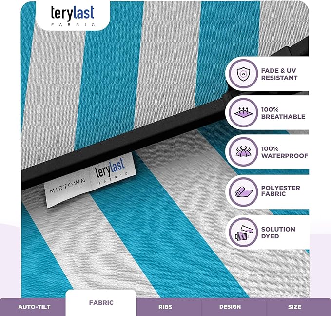 Midtown Umbrellas The Lean 9 Feet Outdoor Umbrella With Terylast Cobalt Stripes (Blue/White Stripes) Polyester Fabric - Auto-Tilt Aluminum Frame Patio Umbrella For Deck, Garden, Pool - Black Pole