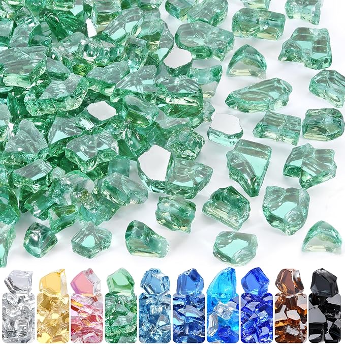 GasSaf 1/2 Inch Fire Glass Reflective Tempered Fireglass Cut Crushed FireGlass for Fire Pit, Fireplace, Replaces Existing Gas Logs & Lava Rocks (10 Pound)(Green Reflective)