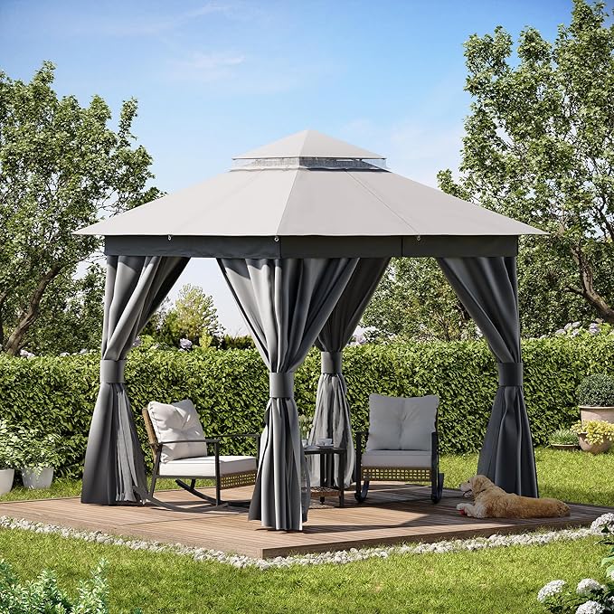 LAUSAINT HOME Outdoor Patio Gazebo 8'x8' with Expansion Bolts, Heavy Duty Party Tent & Shelter with Double Roofs, Mosquito Nettings and Privacy Screens for Backyard (Grey)