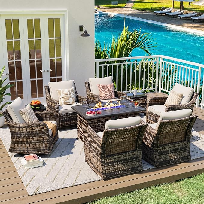 MEISSALIVVE 9 Pieces Patio Furniture Set with 43" Fire Pit Table, Wicker Patio Conversation Set with Swivel Rocking Chairs, Outdoor Patio Set for Lawn Backyard Porch (Brown)