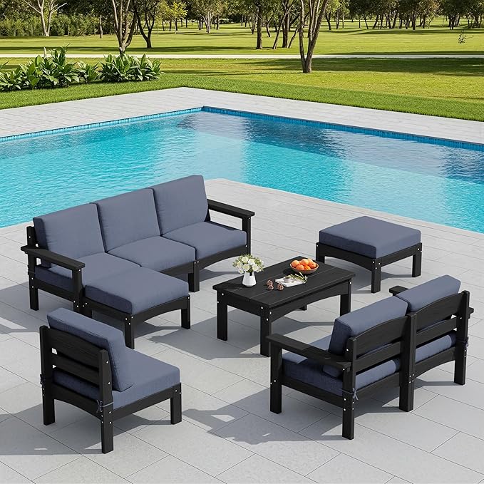SERWALL 9 Pieces Patio Furniture Set, HDPE Outdoor Sectional Sofas, Outdoor Couch Set with Cushions and Coffee Table, Extra-Large Modular Conversation Set for Garden, Black Frame with Grey Cushion