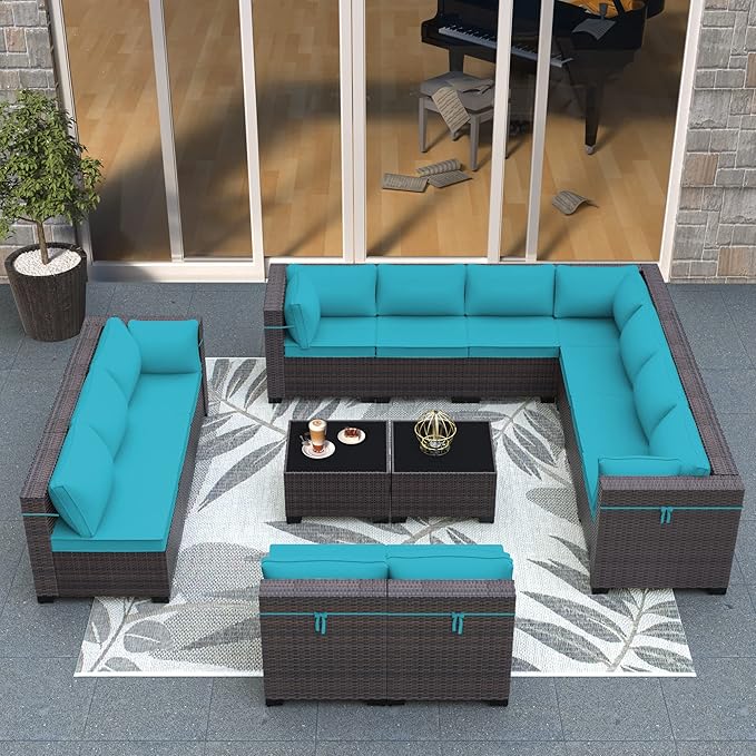 Outdoor Patio Furniture Set, 14 Pieces Outdoor Sectional Furniture Patio Sofa, All-Weather PE Rattan Patio Conversation Set with Tempered Glass Top Table & Cushions(Teal).
