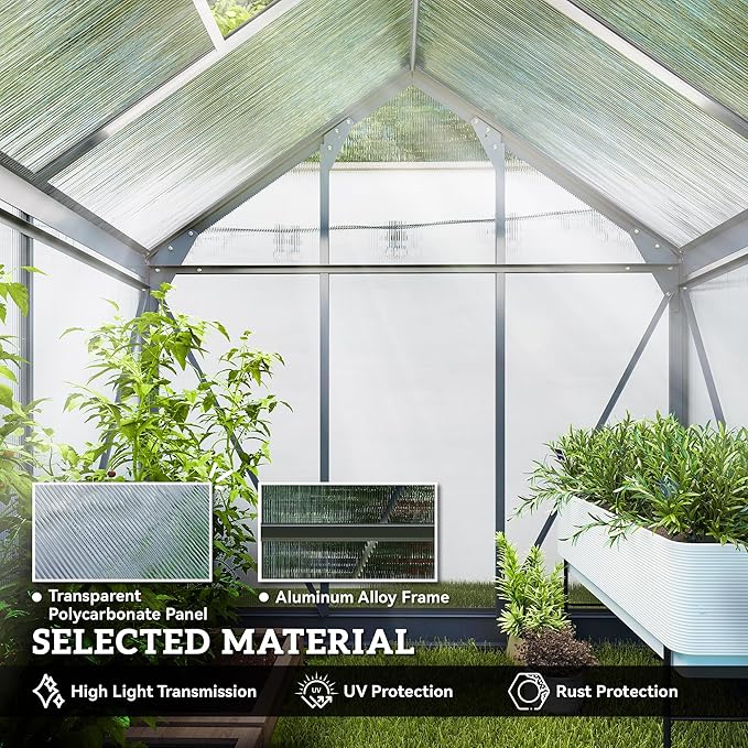 Outsunny 6' x 4' Greenhouse for Outdoors, Polycarbonate Greenhouse with Rain Gutter and Roof Vent, Aluminum Walk-in Green Houses for Outside for Patio Backyard Garden, Gray
