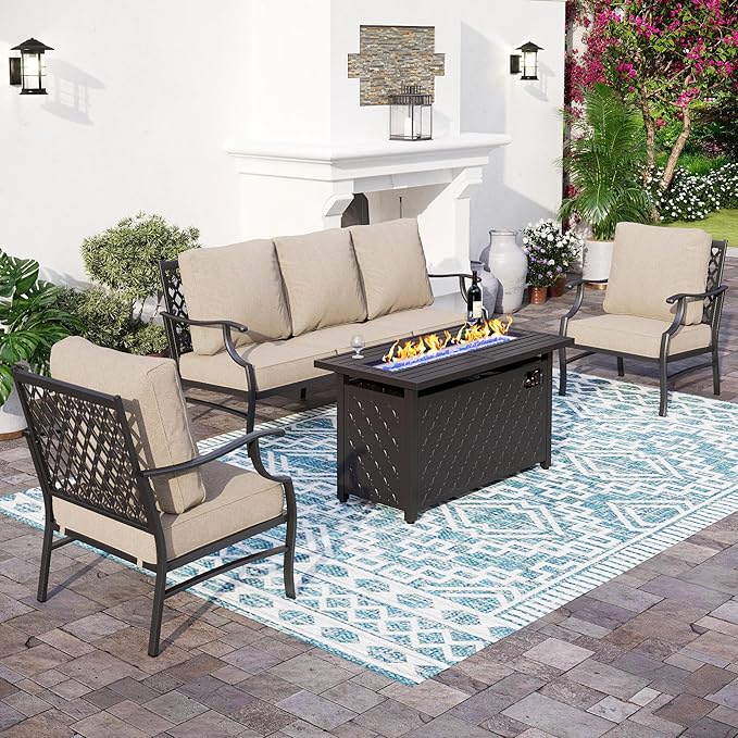SUNSHINE VALLEY Patio Furniture Set with Firepit Table, 4 Piece Metal Outdoor Patio Furniture, 2 Single Chairs and 3 Seater Sofa with 5.75" Extra Thick Cushion and Gas Firepit Table for Backyard Deck