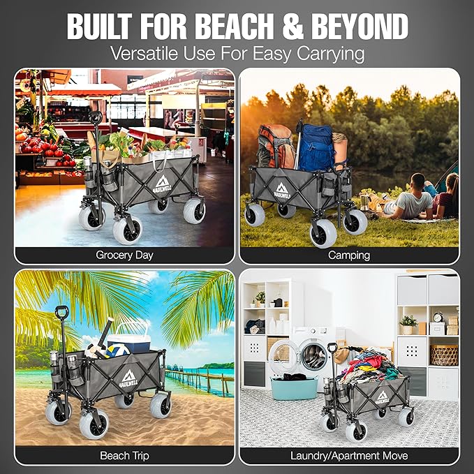 Beach Wagon for Sand with Big Wheels | All Terrain Folding Utility Cart | Collapsible Heavy Duty Wagon Cart for Kids, Beach and Camping | Haulwell
