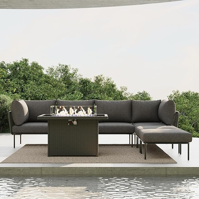 7 Piece Modern Outdoor Rope Wicker Sectional Patio L-Shaped Conversation Sofa Set Deep Seating with Fire Pit Table