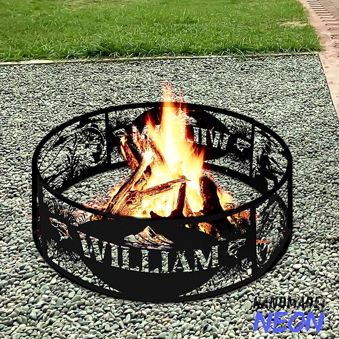 Personalized Fire Pit Ring Fishing Custom Name Cutout Metal Campfire Ring Stove 360 Degree Firepit Outdoor BBQs Backyard Camping Garden Decor Gifts for Father Dads Fishermen
