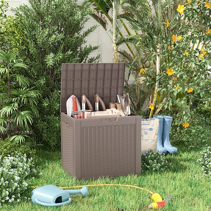 31 Gallon Deck Box Large Outdoor Storage for Patio Furniture,Outdoor Cushions,Garden Tools and Pool Supplies,Waterproof,Resin,Lockable(Grey)