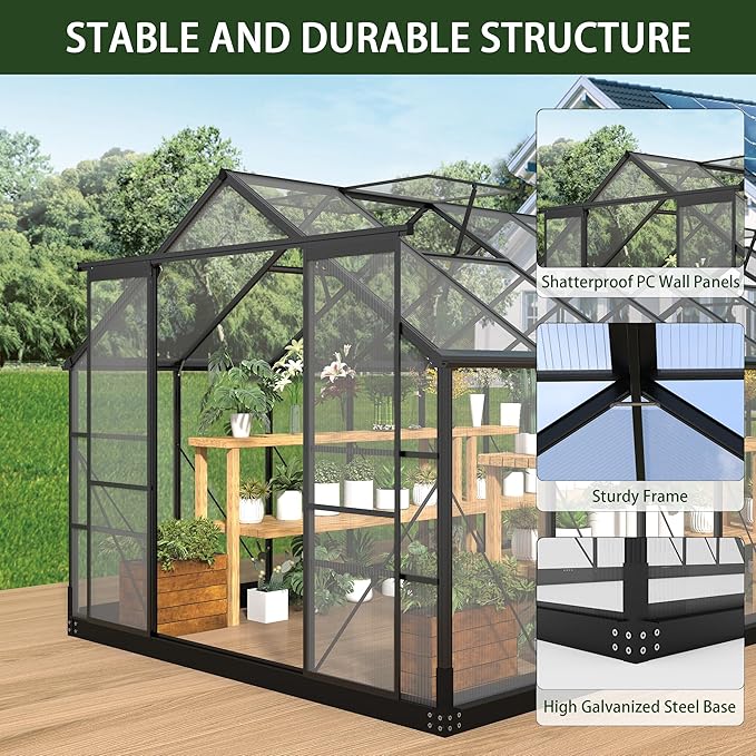 Greenhouses for Outdoors, 8x14.2 FT Polycarbonate Greenhouses with 2 Adjustable Roof Vent, Windproof, Walk-in Aluminum Frame Green Houses for Outside with Sliding Door, Garden (8x14.2FT)