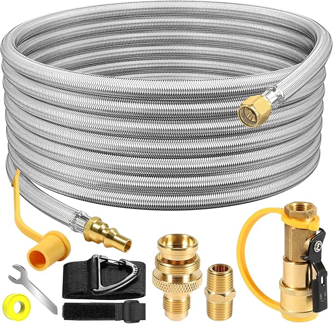 24FT Quick Connect Propane Hose for RV, 1/4'' Quick Disconnect Connect for RV to Gas Grill, Safety Shutoff Valve, Compatible with 1 LB Portable Appliance to RV 1/4" Female Quick Disconnect
